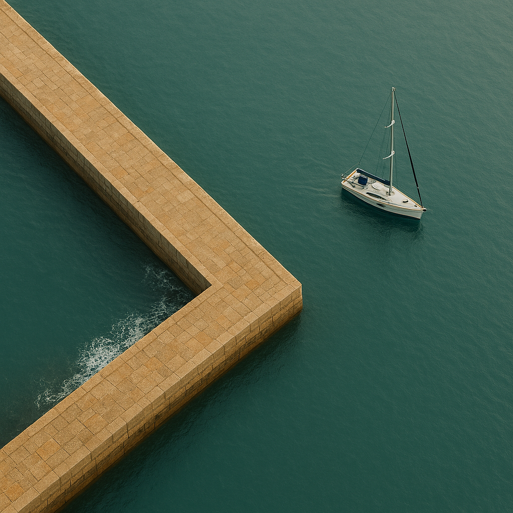 Aerial harbour with sailboat on calm teal water — symbolising steady operations and thoughtful build.